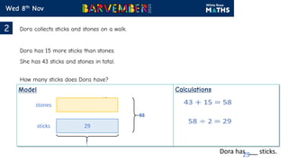 Dora has ___ sticks.
stones
sticks
15
43
?
58
29
29
 