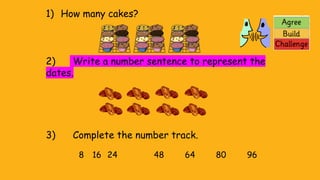 1) How many cakes?
2) Write a number sentence to represent the
dates.
3) Complete the number track.
8 16 24 48 64 80 96
 