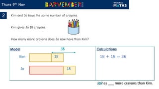 Jo has ___ more crayons than Kim.
Jo
Kim
18
18
36
?
36
 