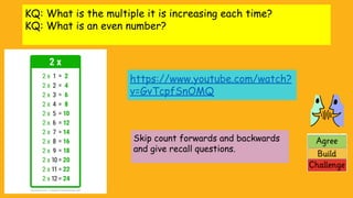 KQ: What is the multiple it is increasing each time?
KQ: What is an even number?
https://www.youtube.com/watch?
v=GvTcpfSnOMQ
Skip count forwards and backwards
and give recall questions.
 