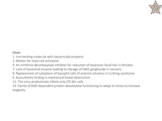 Down
1. Iron binding molecule with bactericidal property
3. Marker for mast cell activation
4. An ornithine decarboxylase inhibitor for reduction of excessive facial hair in females
7. Lack of lysosomal enzyme leading to storage of GM2 ganglioside in neurons
8. Replacement of cytoplasm of basophil cells of anterior pituitary in Cushing syndrome
9. Auscultatory finding in mechanical bowel obstruction
12. This virus productively infects only CD 36+ cells
14. Family of NAD dependent protein deacteylase functioning to adapt to stress to increase
longevity
 