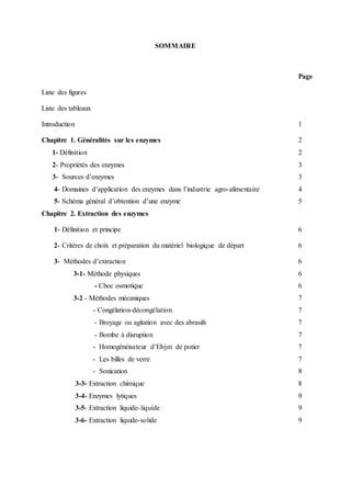 SOMMAIRE
Page
Liste des figures
Liste des tableaux
Introduction 1
Chapitre 1. Généralités sur les enzymes
1- Définition
2-...