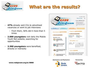 What are the results? 47%  already sent CVs to advertised vacancies or went to job interviews From them, 56% did it more than 5 times 2.000 youngsters  visit daily the Mobile Youth Net website, searching for opportunities 3.300 youngsters  were benefited, directly or indirectly www.redejovem.org.br/0800 