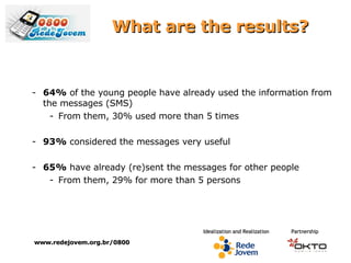 What are the results? 64%  of the young people have already used the information from the messages (SMS) From them, 30% used more than 5 times 93%  considered the messages very useful 65%  have already (re)sent the messages for other people  From them, 29% for more than 5 persons www.redejovem.org.br/0800 