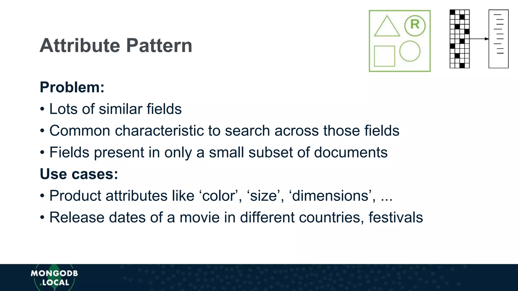 Problem:
• Lots of similar fields
• Common characteristic to search across those fields
• Fields present in only a small subset of documents
Use cases:
• Product attributes like ‘color’, ‘size’, ‘dimensions’, ...
• Release dates of a movie in different countries, festivals
Attribute Pattern
 