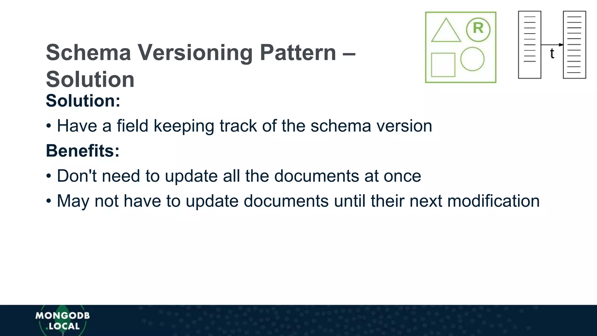 Solution:
• Have a field keeping track of the schema version
Benefits:
• Don't need to update all the documents at once
• May not have to update documents until their next modification
Schema Versioning Pattern –
Solution
 