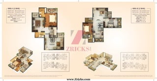 MIG-I (2 BHK)
2 Bedrooms, 2 Toilets, Living / Dining
Room, Kitchen & Balconies
UNIT NOS.: 1, 8, 9, 17, 18, 25, 26, 33
FLOOR: 2 TO 31
UNIT NOS.: 8, 9, 25, 26
FLOOR: 1
MIG-II (2 BHK)
2 Bedrooms, 2 Toilets, Living / Dining
Room, Kitchen & Balconies
UNIT NOS.: 14, 21
FLOOR: 9, 17, 24, 31
UNIT NOS.: 12, 22
FLOOR: 5, 14, 21, 28
Saleable Area – 900 sq.ft./83.6 sq.mt.
Built up Area – 724 sq.ft./67.2 sq.mt.
Saleable Area – 1135 sq.ft/105.4 sq.mt.
Built up Area – 907 sq.ft./84.2 sq.mt.
Note: The Above Images are only for the purpose of brochure & not the actual offerings. All the above features and layouts are tentative and are subject to change without any prior notice.
These are purely conceptual and constitute no legal offering. Balconies are subject to change as per elevation drawings. 1 sq.mtr.=10.764 sq.ft; 1 acre=4047 sq.mtrs. (approx)
Note: The Above Images are only for the purpose of brochure & not the actual offerings. All the above features and layouts are tentative and are subject to change without any prior notice.
These are purely conceptual and constitute no legal offering. Balconies are subject to change as per elevation drawings. 1 sq.mtr.=10.764 sq.ft; 1 acre=4047 sq.mtrs. (approx)
www.Zricks.com
 