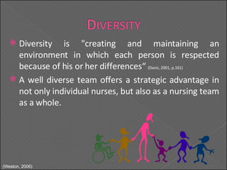Diversity is "creating and maintaining an environment in which each person is respected because of his or her differences“  (Davis, 2001, p.161)  A well diverse team offers a strategic advantage in not only individual nurses, but also as a nursing team as a whole. (Weston, 2006) 