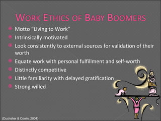 Motto “Living to Work”  Intrinsically motivated Look consistently to external sources for validation of their worth  Equate work with personal fulfillment and self-worth Distinctly competitive Little familiarity with delayed gratification Strong willed ( Duchsher & Cowin, 2004) 