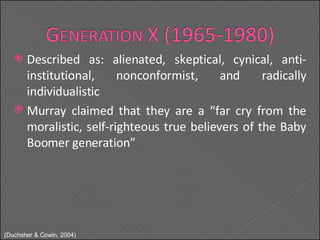 Described as: alienated, skeptical, cynical, anti-institutional, nonconformist, and radically individualistic Murray claimed that they are a “far cry from the moralistic, self-righteous true believers of the Baby Boomer generation” ( Duchsher & Cowin, 2004) 