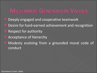 Deeply engaged and cooperative teamwork Desire for hard-earned achievement and recognition Respect for authority Acceptance of hierarchy Modesty evolving from a grounded moral code of conduct ( Duchsher & Cowin, 2004) 