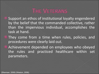Support an ethos of institutional loyalty engendered by the belief that the commanded collective, rather than the impervious individual, accomplishes the task at hand. They come from a time when rules, policies, and procedures were clearly laid out. Achievement depended on employees who obeyed the rules and practiced healthcare within set parameters. (Sherman, 2006) (Weston, 2006) 