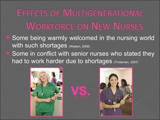 Some being warmly welcomed in the nursing world with such shortages  (Weston, 2006) Some in conflict with senior nurses who stated they had to work harder due to shortages  (Trossman , 2007) 