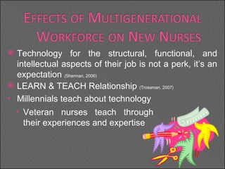 Technology for the structural, functional, and intellectual aspects of their job is not a perk, it’s an expectation  ( Sherman, 2006) LEARN & TEACH Relationship  (Trossman, 2007) Millennials teach about technology Veteran nurses teach through their experiences and expertise 