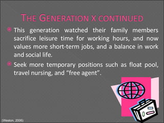 This generation watched their family members sacrifice leisure time for working hours, and now values more short-term jobs, and a balance in work and social life. Seek more temporary positions such as float pool, travel nursing, and “free agent”. (Weston, 2006) 