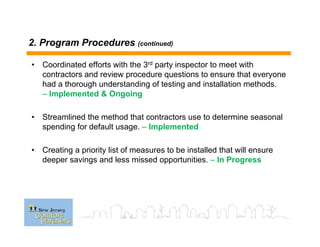 2. Program Procedures (continued)
• Coordinated efforts with the 3rd party inspector to meet with
contractors and review procedure questions to ensure that everyone
had a thorough understanding of testing and installation methods.
– Implemented & Ongoing
• Streamlined the method that contractors use to determine seasonal
spending for default usage. – Implemented
• Creating a priority list of measures to be installed that will ensure
deeper savings and less missed opportunities. – In Progress
 