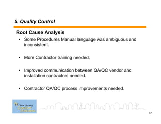 Root Cause Analysis
• Some Procedures Manual language was ambiguous and
inconsistent.
• More Contractor training needed.
• Improved communication between QA/QC vendor and
installation contractors needed.
• Contractor QA/QC process improvements needed.
37
5. Quality Control
 