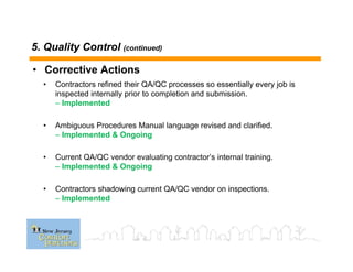 5. Quality Control (continued)
• Corrective Actions
• Contractors refined their QA/QC processes so essentially every job is
inspected internally prior to completion and submission.
– Implemented
• Ambiguous Procedures Manual language revised and clarified.
– Implemented & Ongoing
• Current QA/QC vendor evaluating contractor’s internal training.
– Implemented & Ongoing
• Contractors shadowing current QA/QC vendor on inspections.
– Implemented
 