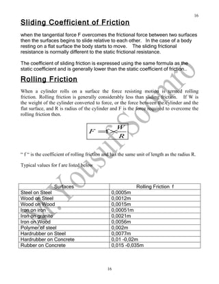 16
Sliding Coefficient of Friction
when the tangential force F overcomes the frictional force between two surfaces
then the surfaces begins to slide relative to each other. In the case of a body
resting on a flat surface the body starts to move. The sliding frictional
resistance is normally different to the static frictional resistance.

The coefficient of sliding friction is expressed using the same formula as the
static coefficient and is generally lower than the static coefficient of friction..

Rolling Friction
When a cylinder rolls on a surface the force resisting motion is termed rolling
friction. Rolling friction is generally considerably less than sliding friction. If W is
the weight of the cylinder converted to force, or the force between the cylinder and the
flat surface, and R is radius of the cylinder and F is the force required to overcome the
rolling friction then.

                                          W
                                    F =f ×
                                           R

“ f “ is the coefficient of rolling friction and has the same unit of length as the radius R.

Typical values for f are listed below



                 Surfaces                                    Rolling Friction f
Steel on Steel                                  0,0005m
Wood on Steel                                   0,0012m
Wood on Wood                                    0,0015m
Iron on iron                                    0,00051m
Iron on granite                                 0,0021m
Iron on Wood                                    0,0056m
Polymer of steel                                0,002m
Hardrubber on Steel                             0,0077m
Hardrubber on Concrete                          0,01 -0,02m
Rubber on Concrete                              0,015 -0,035m



                                              16
 