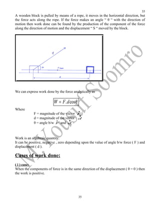 35
A wooden block is pulled by means of a rope, it moves in the horizontal direction, but
the force acts along the rope. If the force makes an angle “ θ “ with the direction of
motion then work done can be found by the production of the component of the force
along the direction of motion and the displacement “ S “ moved by the block.




We can express work done by the force analytically as

                          W = F . d cosθ
Where                                      r
            F = magnitude of the vector F
                                         r
            d = magnitude of the vector d
                          r        r
            θ = angle b/w F and d



Work is an algebraic quantity.
It can be positive, negative , zero depending upon the value of angle b/w force ( F ) and
displacement ( d ).

Cases of work done:
( i ) case:
When the components of force is in the same direction of the displacement ( θ = 0 ) then
the work is positive.




                                           35
 