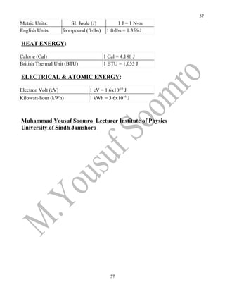 57
Metric Units:            SI: Joule (J)            1 J = 1 N-m
English Units:       foot-pound (ft-lbs)    1 ft-lbs = 1.356 J

HEAT ENERGY:

Calorie (Cal)                              1 Cal = 4.186 J
British Thermal Unit (BTU)                 1 BTU = 1,055 J

ELECTRICAL & ATOMIC ENERGY:

Electron Volt (eV)                1 eV = 1.6x10-19 J
Kilowatt-hour (kWh)               1 kWh = 3.6x10+6 J



Muhammad Yousuf Soomro Lecturer Institute of Physics
University of Sindh Jamshoro




                                              57
 