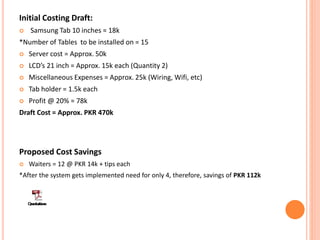 Initial Costing Draft:
 Samsung Tab 10 inches = 18k
*Number of Tables to be installed on = 15
 Server cost = Approx. 50k
 LCD’s 21 inch = Approx. 15k each (Quantity 2)
 Miscellaneous Expenses = Approx. 25k (Wiring, Wifi, etc)
 Tab holder = 1.5k each
 Profit @ 20% = 78k
Draft Cost = Approx. PKR 470k
Proposed Cost Savings
 Waiters = 12 @ PKR 14k + tips each
*After the system gets implemented need for only 4, therefore, savings of PKR 112k
 