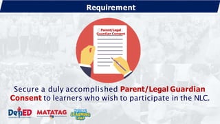 Parent/Legal
Guardian Consent
Requirement
Secure a duly accomplished Parent/Legal Guardian
Consent to learners who wish to participate in the NLC.