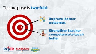 The purpose is two-fold:
Improve learner
outcomes
Strengthen teacher
competence to teach
better
