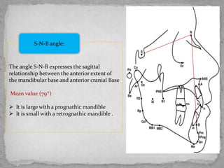 The angle S-N-B expresses the sagittal
relationship between the anterior extent of
the mandibular base and anterior cranial Base
Mean value (79*)
 It is large with a prognathic mandible
 It is small with a retrognathic mandible .
S-N-B angle:
 