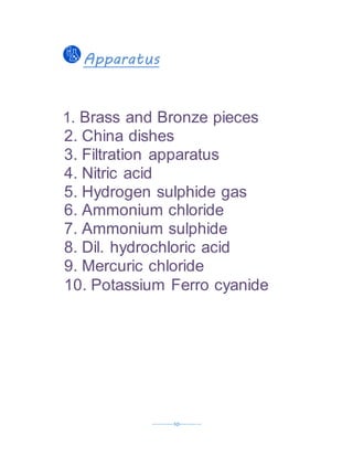 ----------10----------
Apparatus
1. Brass and Bronze pieces
2. China dishes
3. Filtration apparatus
4. Nitric acid
5. Hydrogen sulphide gas
6. Ammonium chloride
7. Ammonium sulphide
8. Dil. hydrochloric acid
9. Mercuric chloride
10. Potassium Ferro cyanide
 