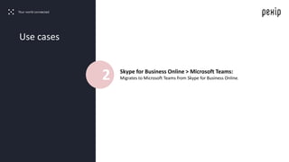 Skype for Business Online > Microsoft Teams:
Migrates to Microsoft Teams from Skype for Business Online.
Use cases
2
 