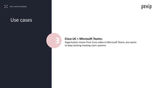 Cisco UC > Microsoft Teams:
Organisation moves from Cisco video to Microsoft Teams, but wants
to keep existing meeting room systems.
Use cases
3
 