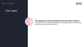 The organization works with others that have other solutions:
The organisation uses Microsoft collaboration technology, but works with partners
and customers that use other solutions.
Use cases
5
 