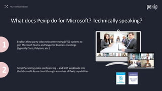 What does Pexip do for Microsoft? Technically speaking?
Enables third-party video teleconferencing (VTC) systems to
join Microsoft Teams and Skype for Business meetings
(typically Cisco, Polycom, etc.)
2
1
Simplify existing video conferencing – and shift workloads into
the Microsoft Azure cloud through a number of Pexip capabilities
 