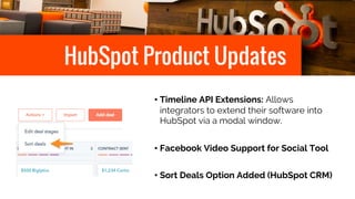 HubSpot Product Updates
• Timeline API Extensions: Allows
integrators to extend their software into
HubSpot via a modal window.
• Facebook Video Support for Social Tool
• Sort Deals Option Added (HubSpot CRM)
 