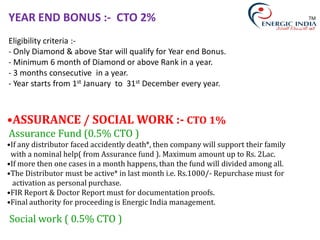 •ASSURANCE / SOCIAL WORK :- CTO 1%
Assurance Fund (0.5% CTO )
•If any distributor faced accidently death*, then company will support their family
with a nominal help( from Assurance fund ). Maximum amount up to Rs. 2Lac.
•If more then one cases in a month happens, than the fund will divided among all.
•The Distributor must be active* in last month i.e. Rs.1000/- Repurchase must for
activation as personal purchase.
•FIR Report & Doctor Report must for documentation proofs.
•Final authority for proceeding is Energic India management.
Social work ( 0.5% CTO )
YEAR END BONUS :- CTO 2%
Eligibility criteria :-
- Only Diamond & above Star will qualify for Year end Bonus.
- Minimum 6 month of Diamond or above Rank in a year.
- 3 months consecutive in a year.
- Year starts from 1st January to 31st December every year.
TM
 