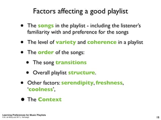 Factors affecting a good playlist

                      •       The songs in the playlist - including the listener’s
    ...