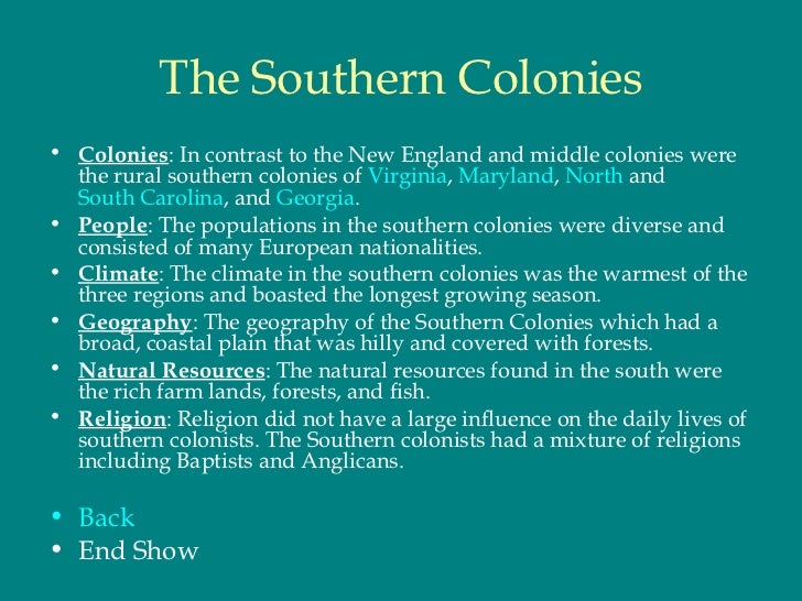 What are some facts about the Southern colonies?