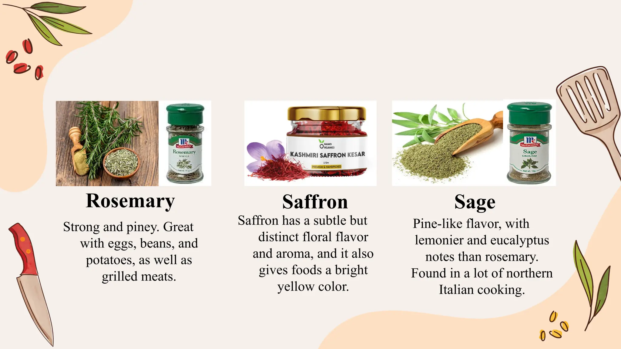 Strong and piney. Great
with eggs, beans, and
potatoes, as well as
grilled meats.
Saffron has a subtle but
distinct floral flavor
and aroma, and it also
gives foods a bright
yellow color.
Pine-like flavor, with
lemonier and eucalyptus
notes than rosemary.
Found in a lot of northern
Italian cooking.
Rosemary Saffron Sage
 