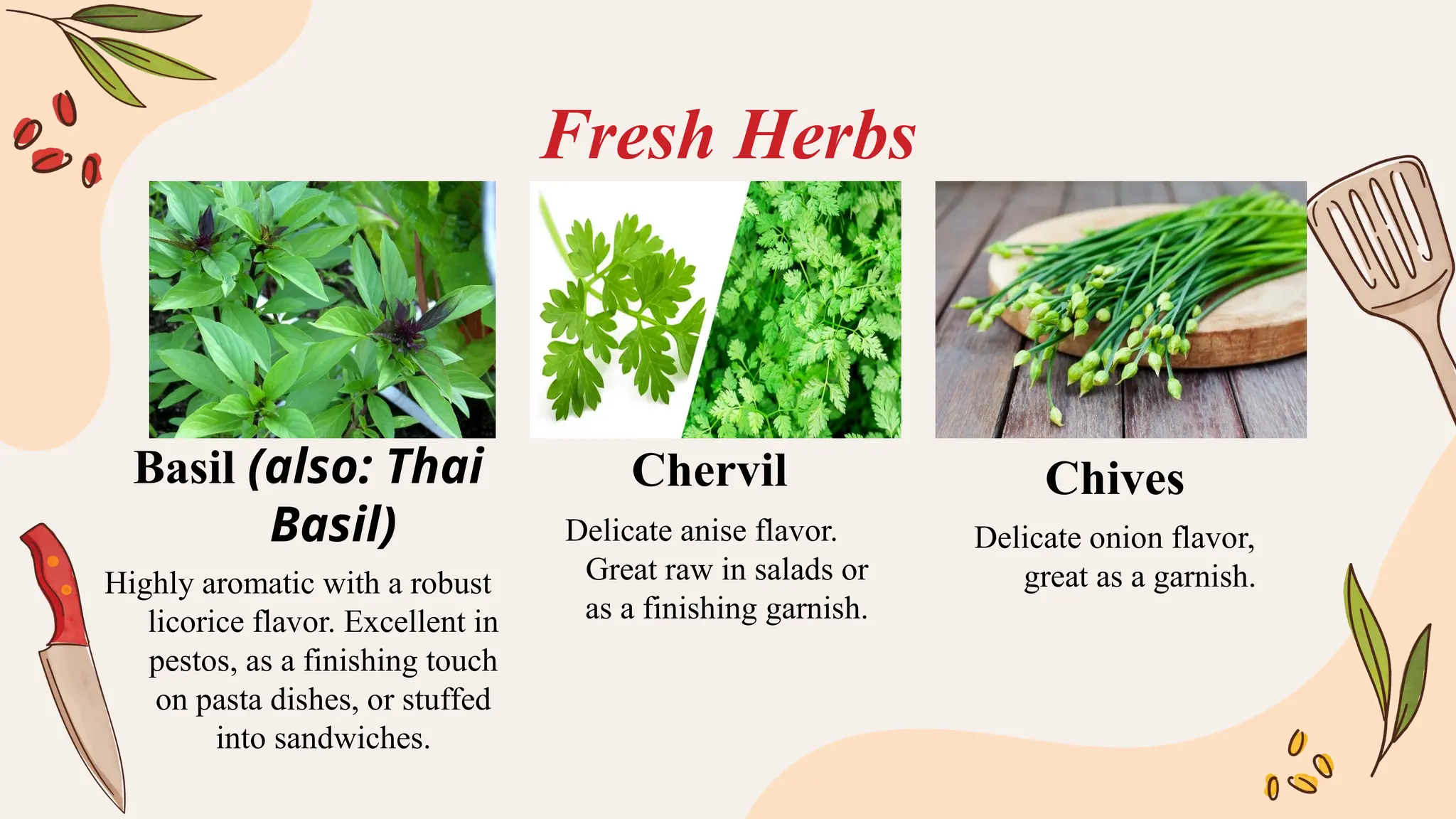 Fresh Herbs
Highly aromatic with a robust
licorice flavor. Excellent in
pestos, as a finishing touch
on pasta dishes, or stuffed
into sandwiches.
Delicate anise flavor.
Great raw in salads or
as a finishing garnish.
Delicate onion flavor,
great as a garnish.
Basil (also: Thai
Basil)
Chervil Chives
 