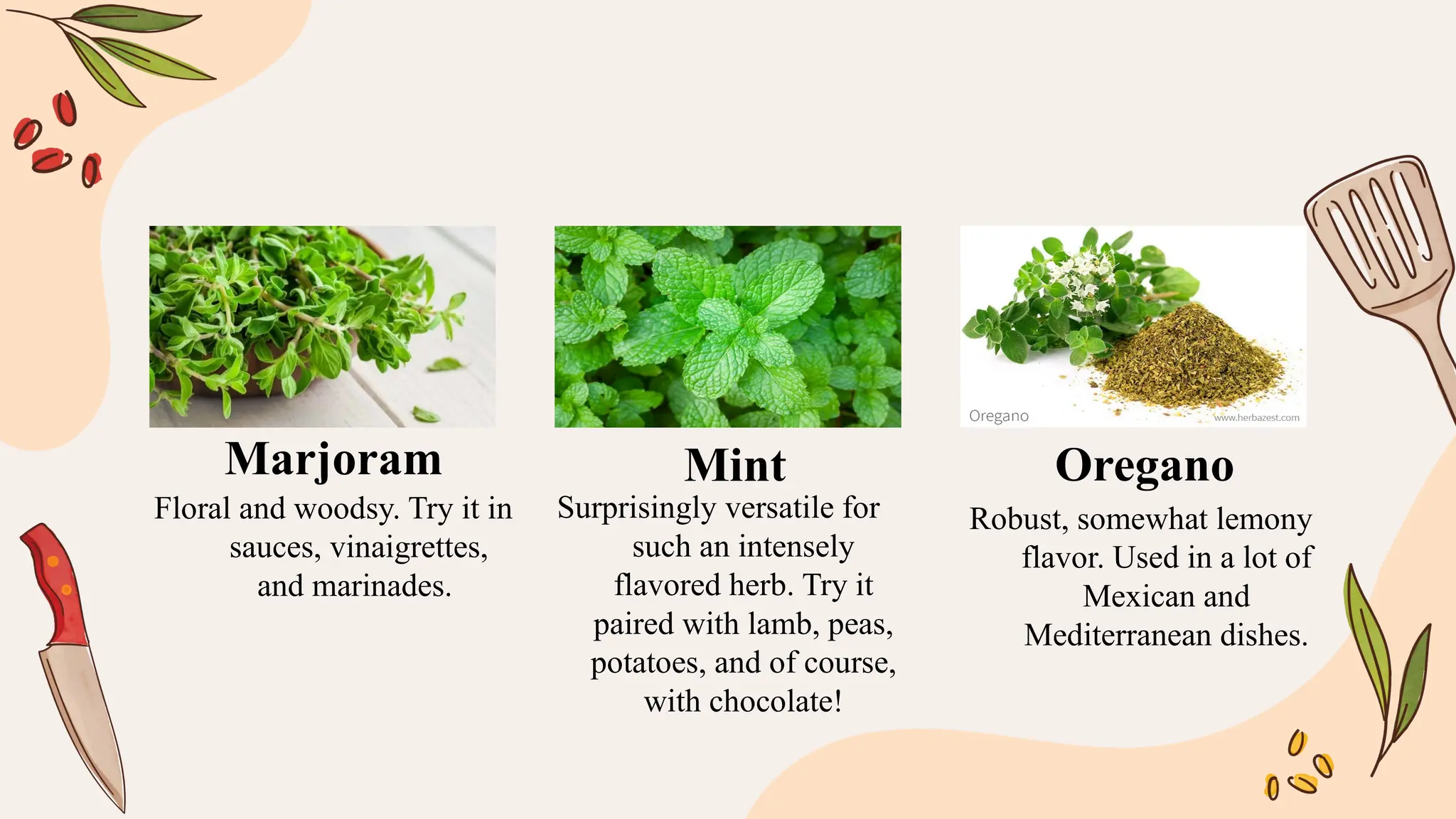 Floral and woodsy. Try it in
sauces, vinaigrettes,
and marinades.
Surprisingly versatile for
such an intensely
flavored herb. Try it
paired with lamb, peas,
potatoes, and of course,
with chocolate!
Robust, somewhat lemony
flavor. Used in a lot of
Mexican and
Mediterranean dishes.
Marjoram Mint Oregano
 