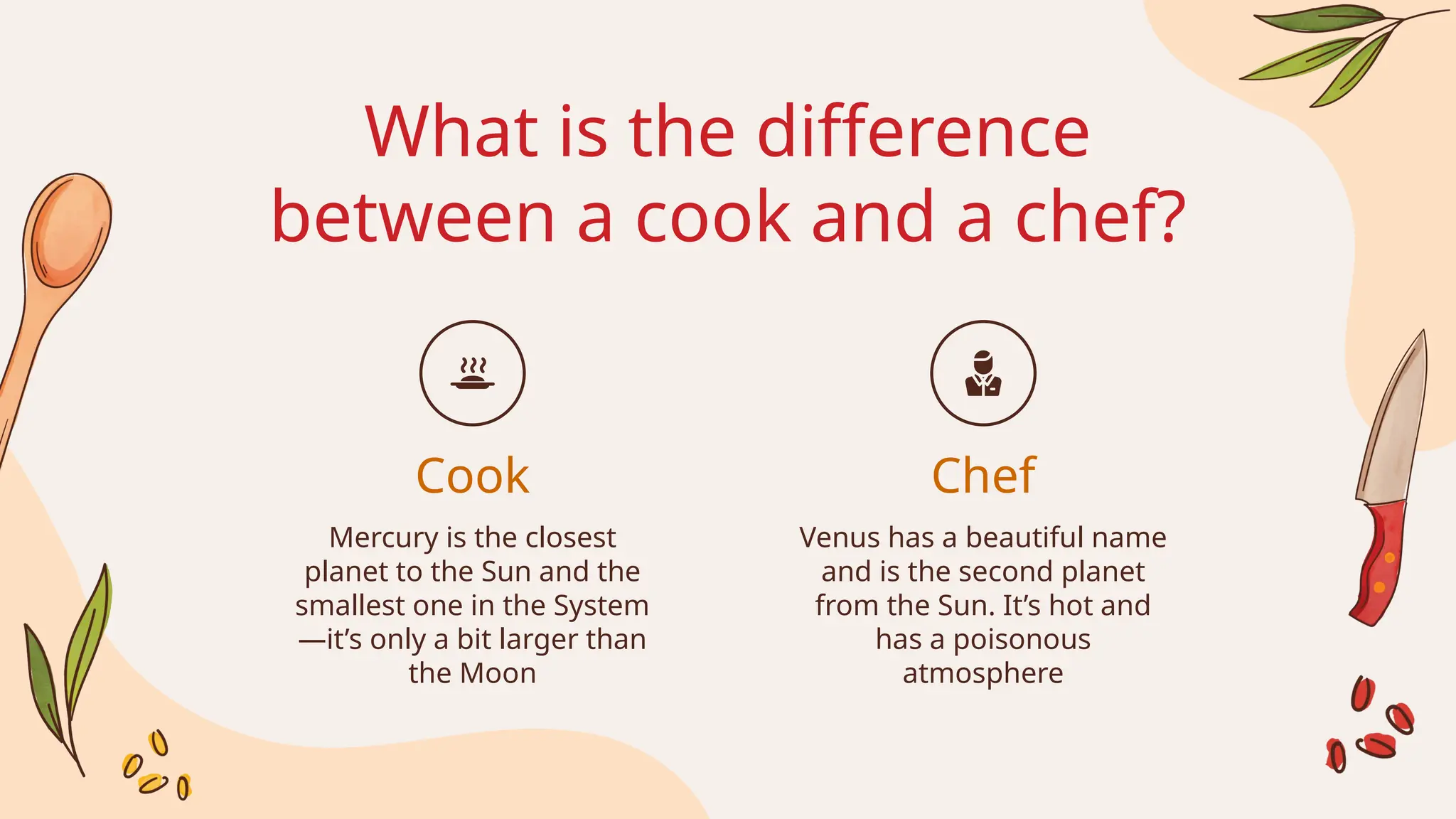 Chef
What is the difference
between a cook and a chef?
Venus has a beautiful name
and is the second planet
from the Sun. It’s hot and
has a poisonous
atmosphere
Mercury is the closest
planet to the Sun and the
smallest one in the System
—it’s only a bit larger than
the Moon
Cook
 