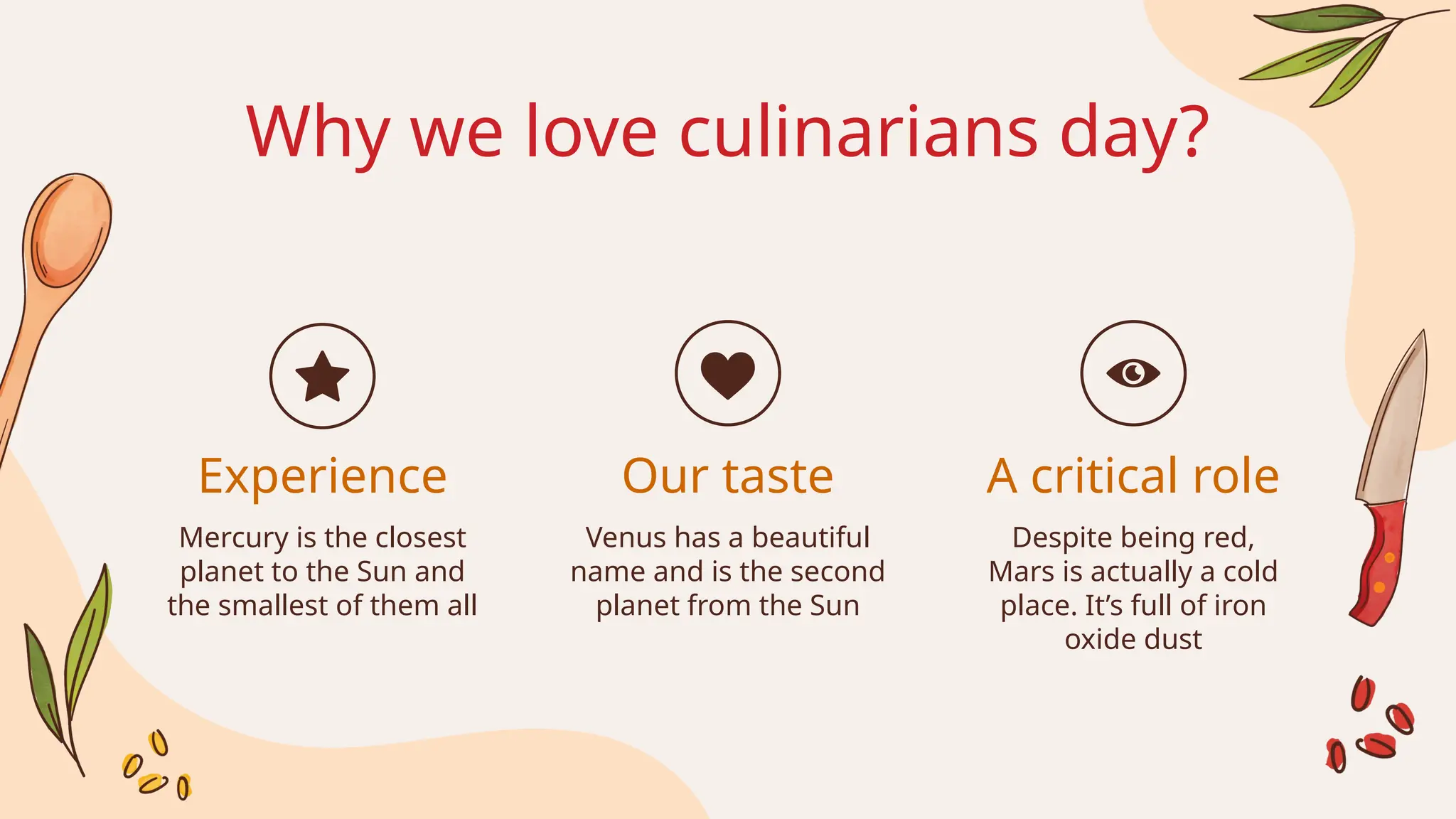 Why we love culinarians day?
Mercury is the closest
planet to the Sun and
the smallest of them all
Venus has a beautiful
name and is the second
planet from the Sun
Despite being red,
Mars is actually a cold
place. It’s full of iron
oxide dust
Experience Our taste A critical role
 