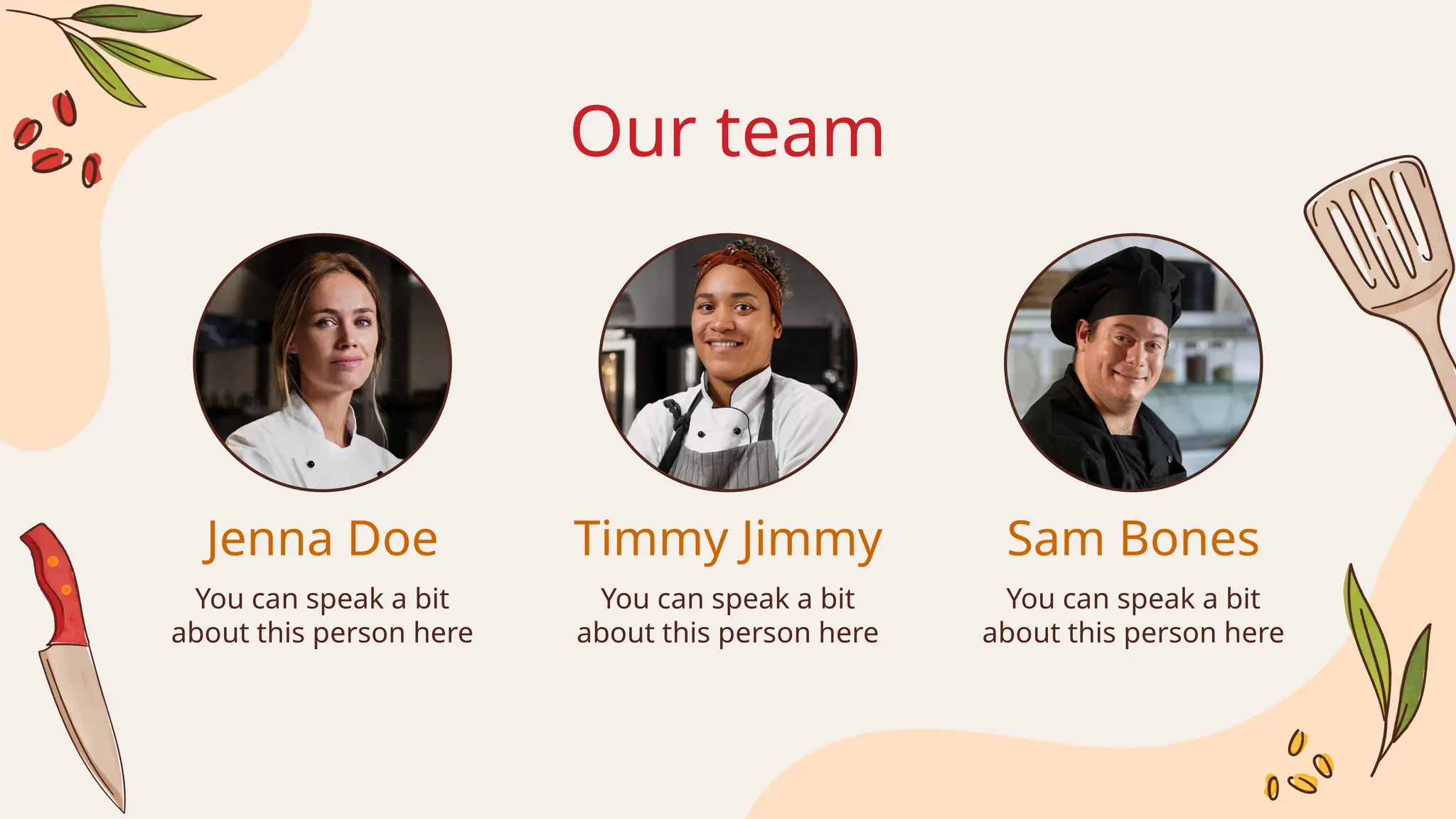 Timmy Jimmy
Jenna Doe
Our team
Sam Bones
You can speak a bit
about this person here
You can speak a bit
about this person here
You can speak a bit
about this person here
 