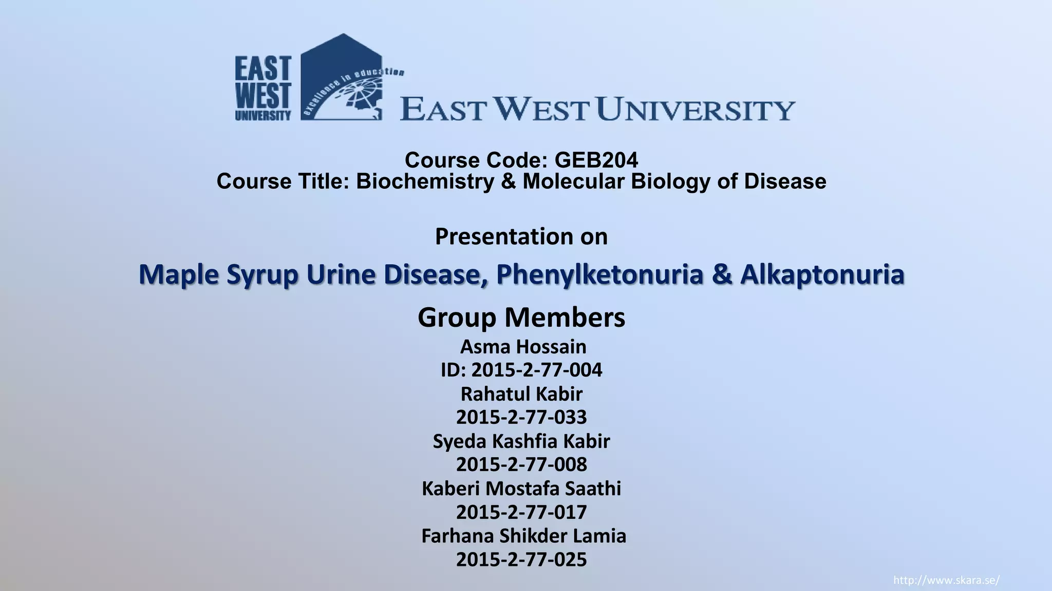 Maple Syrup Urine Disease, Phenylketonuria & Alkaptonuria PPT