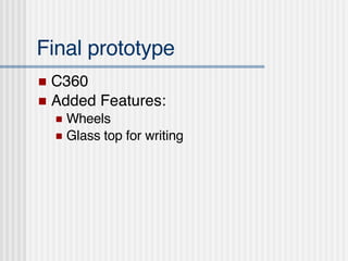 Final prototype C360 Added Features: Wheels  Glass top for writing  