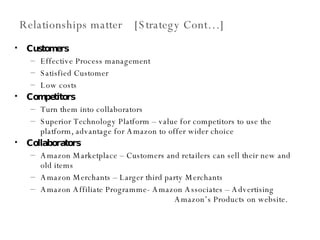 Relationships matter  [Strategy Cont…] Customers Effective Process management Satisfied Customer Low costs Competitors Turn them into collaborators Superior Technology Platform – value for competitors to use the platform, advantage for Amazon to offer wider choice Collaborators Amazon Marketplace – Customers and retailers can sell their new and old items Amazon Merchants – Larger third party Merchants Amazon Affiliate Programme- Amazon Associates – Advertising  Amazon’s Products on website. 