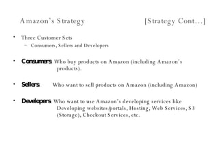 Amazon’s Strategy  [Strategy Cont…] ,[object Object],[object Object],[object Object],[object Object],[object Object]