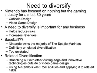 Need to diversify Nintendo has focused on nothing but the gaming industry for almost 30 years Console Design Video Game Design A need to diversify is important for any business Helps reduce risks Increases revenues Baseball?? Nintendo owns the majority of The Seattle Mariners Definitely unrelated diversification Too unrelated Related Diversification  Branching out into other cutting edge and innovative technologies outside of video game design Using Nintendo’s vast R&D abilities and applying it to related fields 