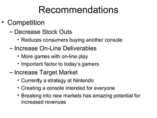 Recommendations Competition Decrease Stock Outs Reduces consumers buying another console Increase On-Line Deliverables More games with on-line play Important factor to today’s gamers Increase Target Market Currently a strategy at Nintendo Creating a console intended for everyone Breaking into new markets has amazing potential for increased revenues 